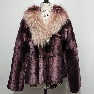 NewReal Rex Rabbit Chinchilla Fur Jacket Coat Purple Wine Red Striped Fox NoMink